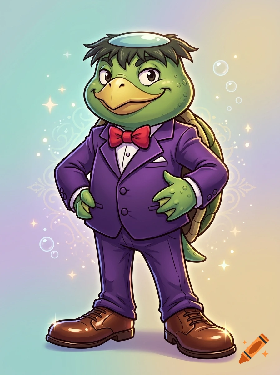 Cartoon illustration of a male kappa wearing a purple suit, red bowtie, and brown dress shoes.
