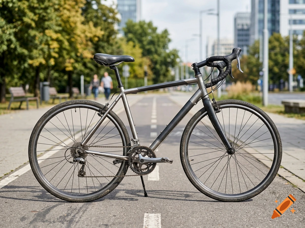 A parked road bicycle on a paved bike path in a city park with trees and buildings in the background, photorealistic.