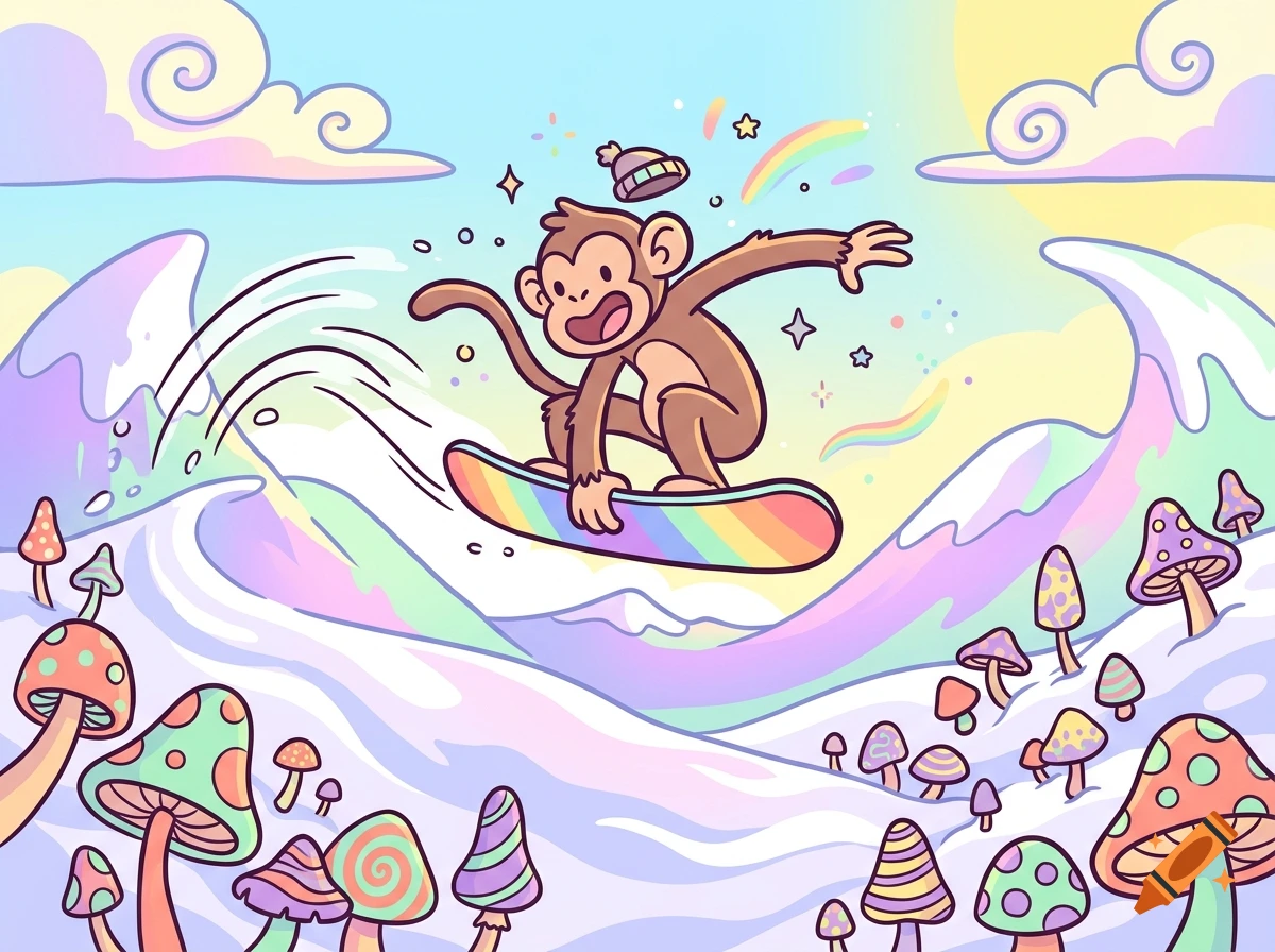 Comic style illustration of a happy monkey snowboarding through snowy mountains filled with colorful mushrooms.