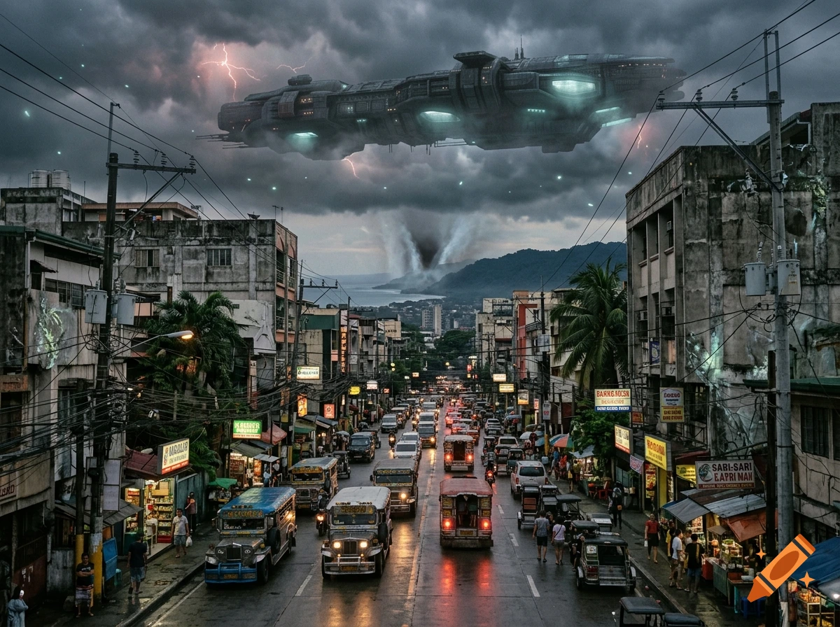 Photorealistic urban street in the Philippines with traditional jeepneys and a massive alien spaceship hovering in the stormy sky.