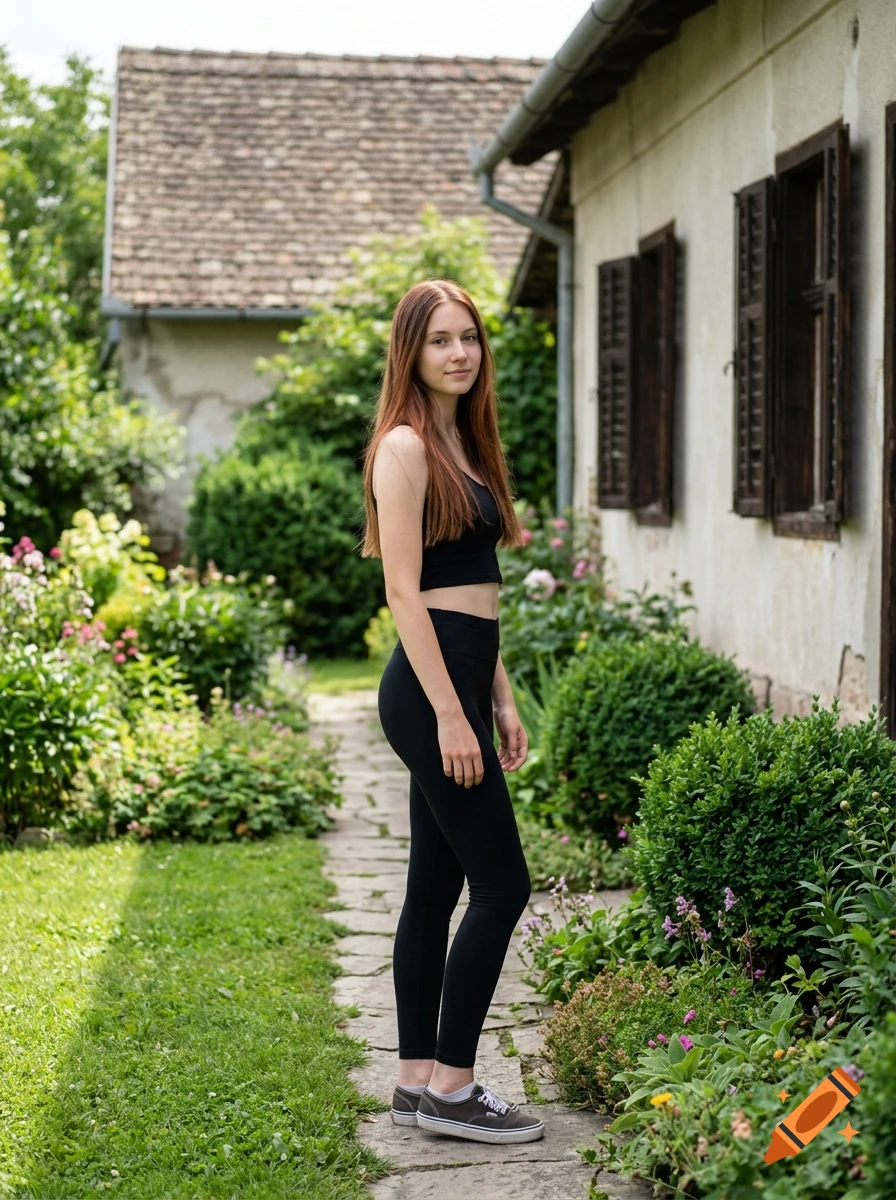 Photorealistic full-length portrait of a young woman standing on a stone path in a village garden.