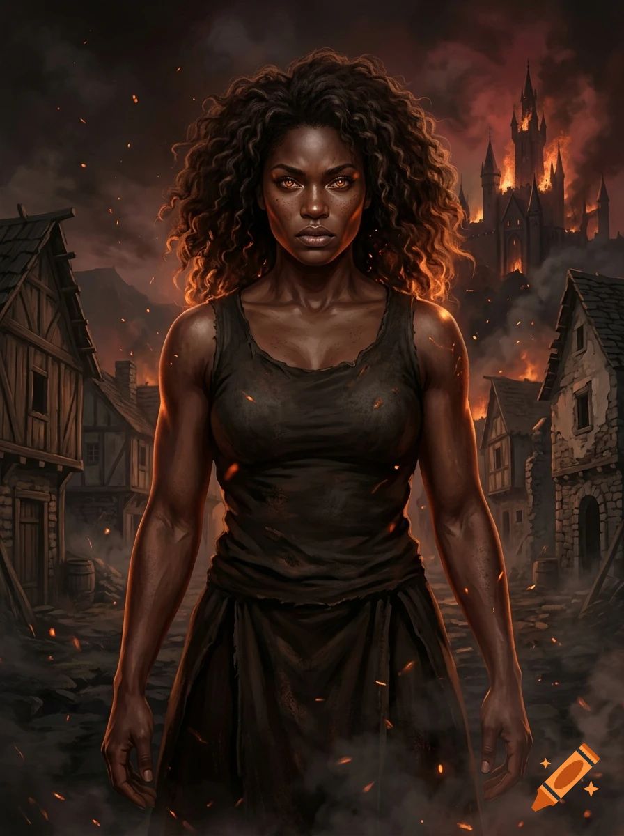 Portrait of a fierce athletic woman with curly dark hair and amber eyes in front of a burning medieval village, fantasy style.
