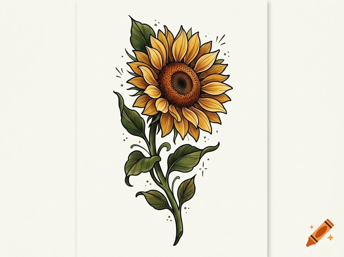 Colored illustration of a blooming sunflower with detailed green leaves and stem on a cream background.