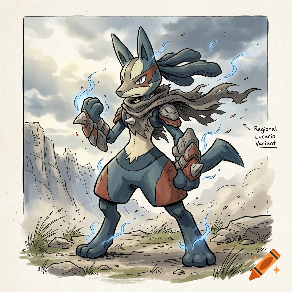 An illustration of a regional Lucario variant in a rocky landscape with text reading Regional Lucario Variant on the side.