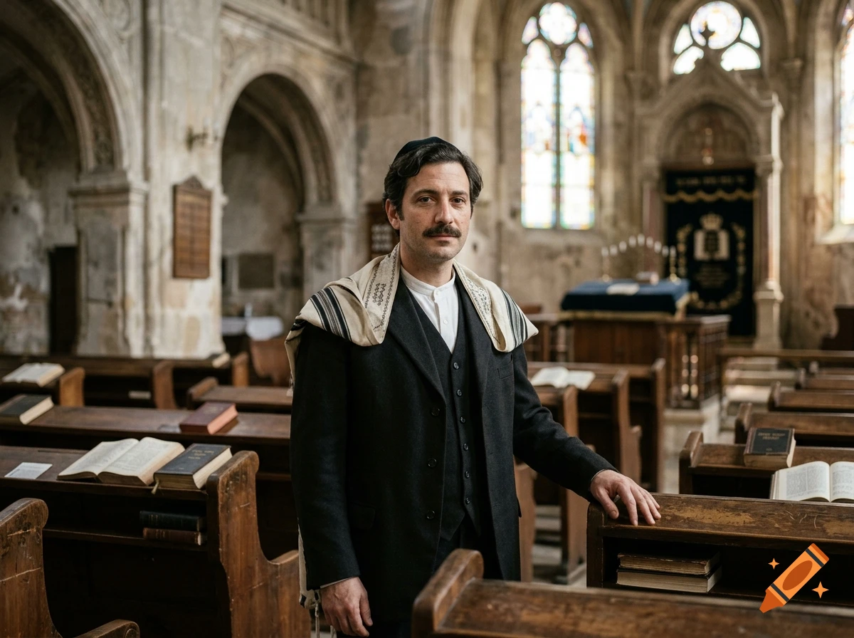 Photorealistic portrait of a man with a mustache and tallit in a synagogue.