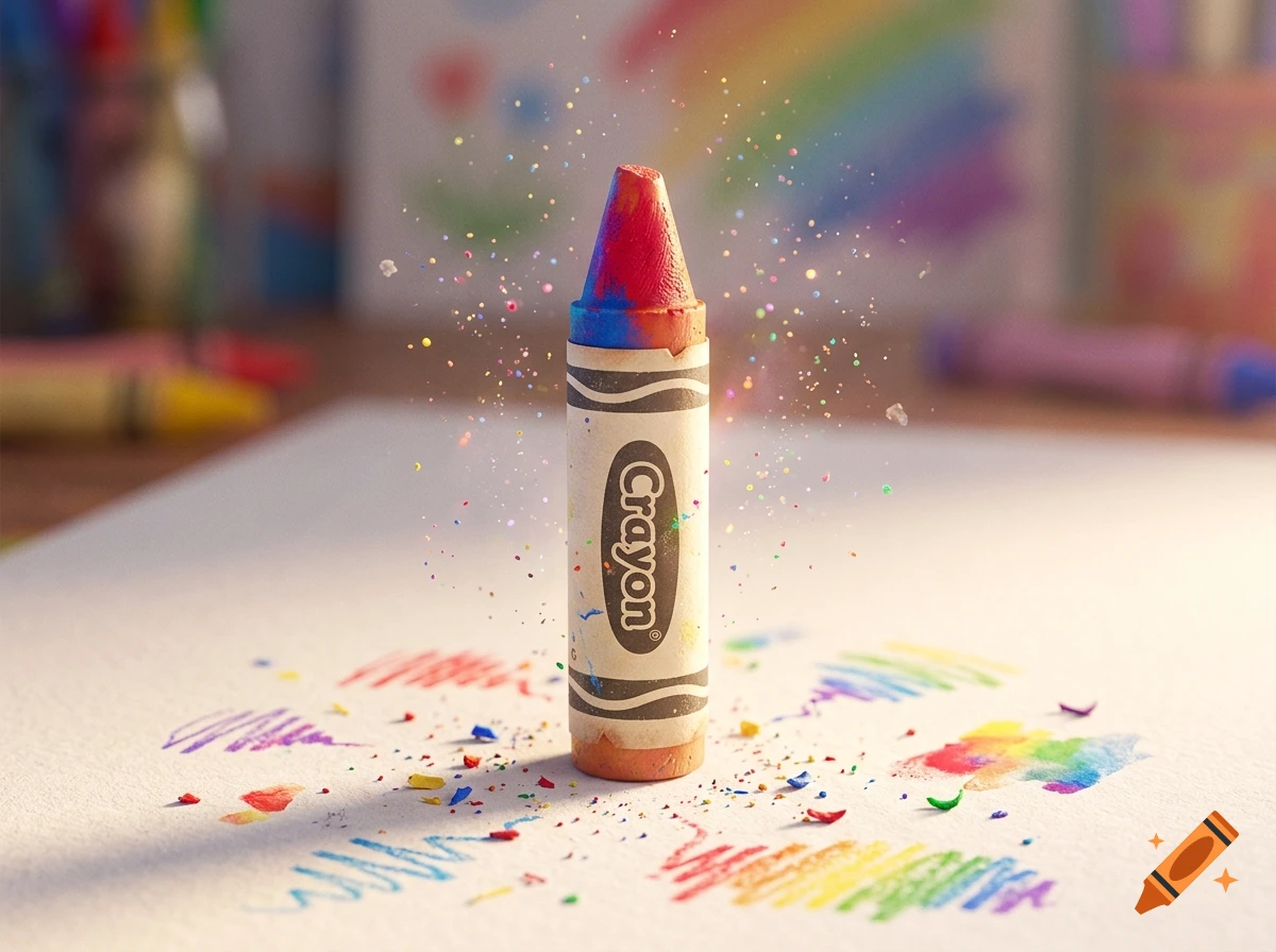 Close-up of a colorful crayon standing upright on white paper, surrounded by crayon shavings and drawings, photorealistic style.