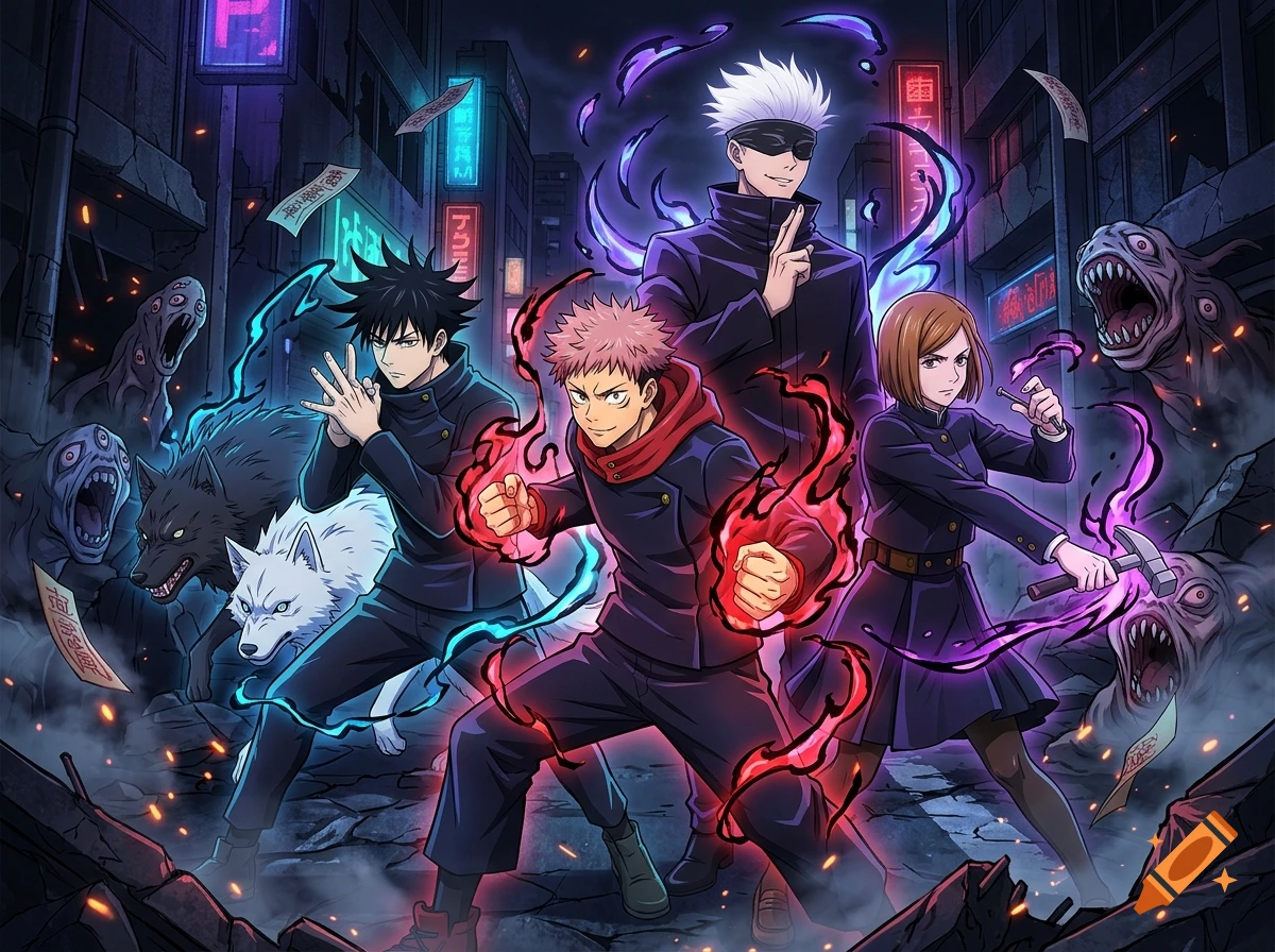 Anime style digital illustration of Jujutsu Kaisen characters Yuji, Megumi, Gojo, and Nobara fighting cursed spirits in a street.