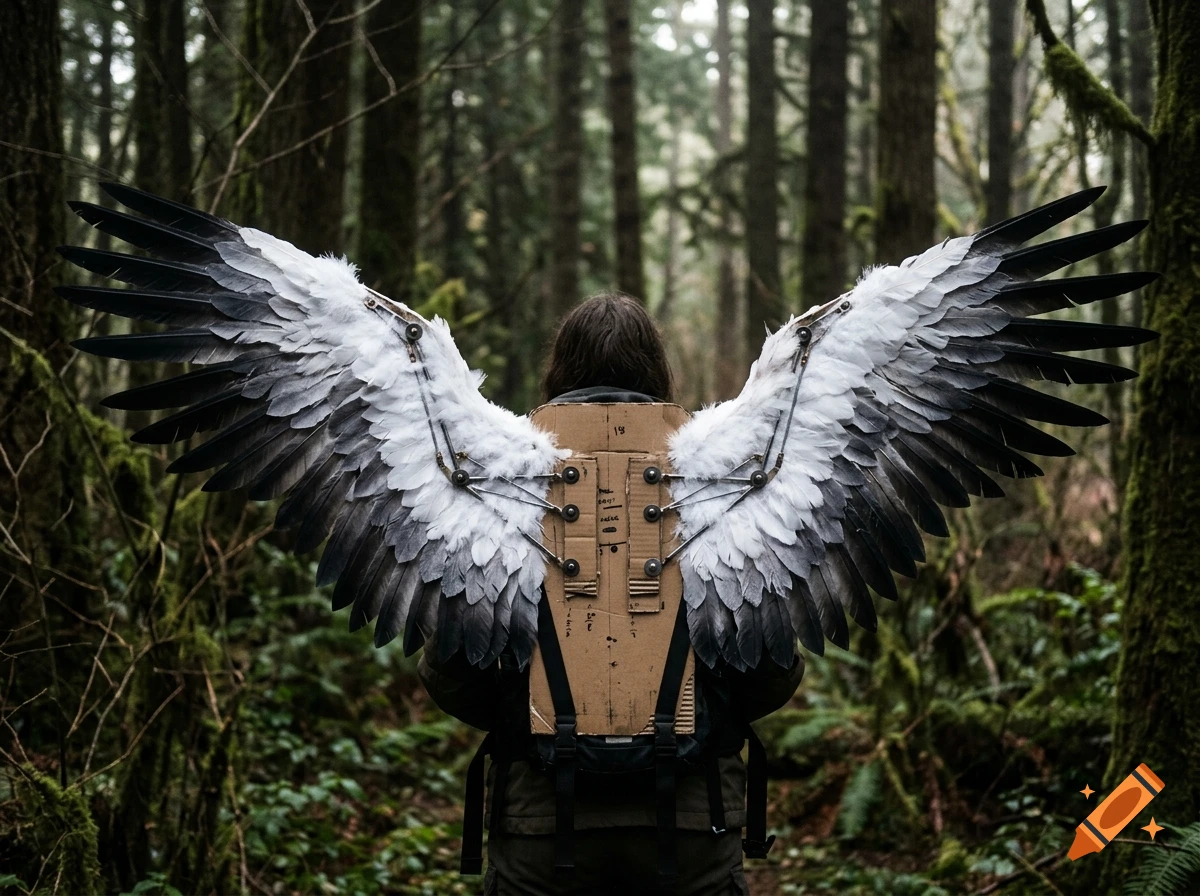 Photorealistic view from behind of a person in a forest wearing large mechanical DIY bird wings with white and black feathers attached to a cardboard backplate.