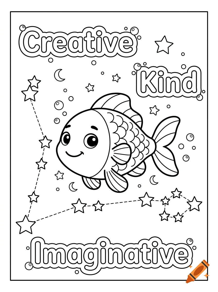 Black and white coloring page of a cute cartoon fish with constellation stars and the words Creative, Kind, and Imaginative.