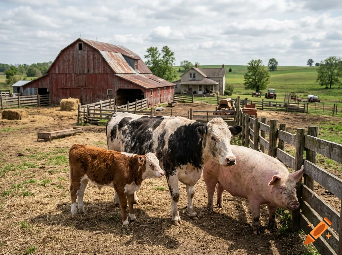 Photorealistic image of a farm with a calf, cow, and pig standing in a muddy yard near a red barn.