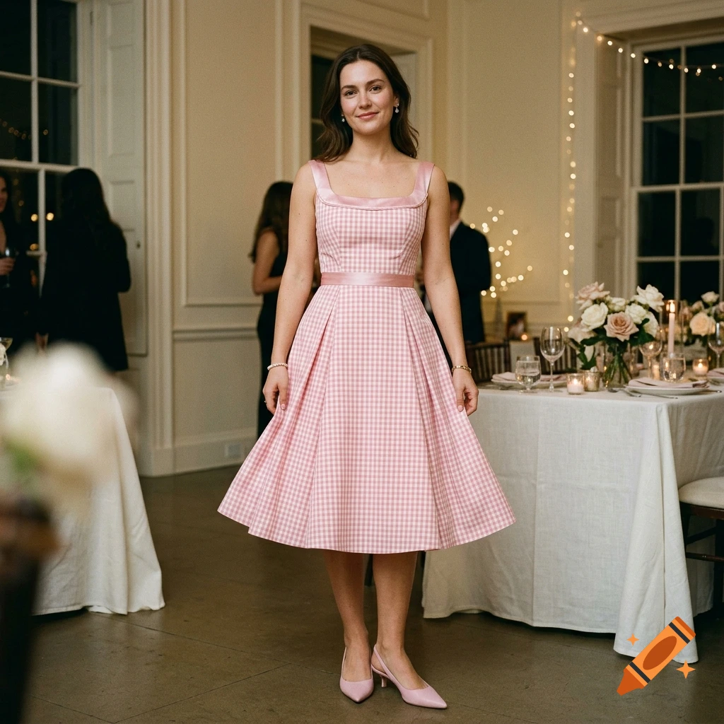 A woman wearing a pink gingham dress standing in a banquet hall with tables and flower arrangements.