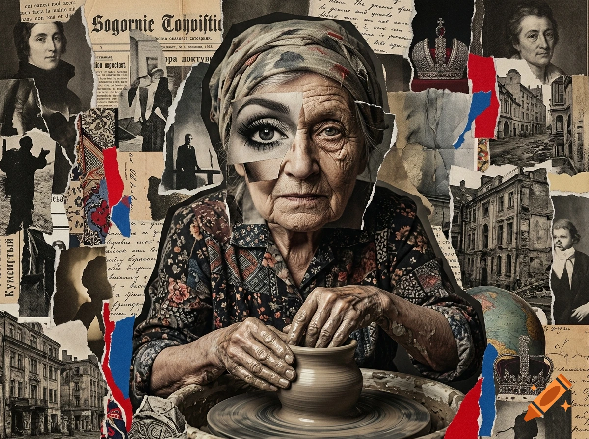 Surrealist collage of an elderly woman with a distorted face shaping clay on a potter's wheel amid newspaper clippings.