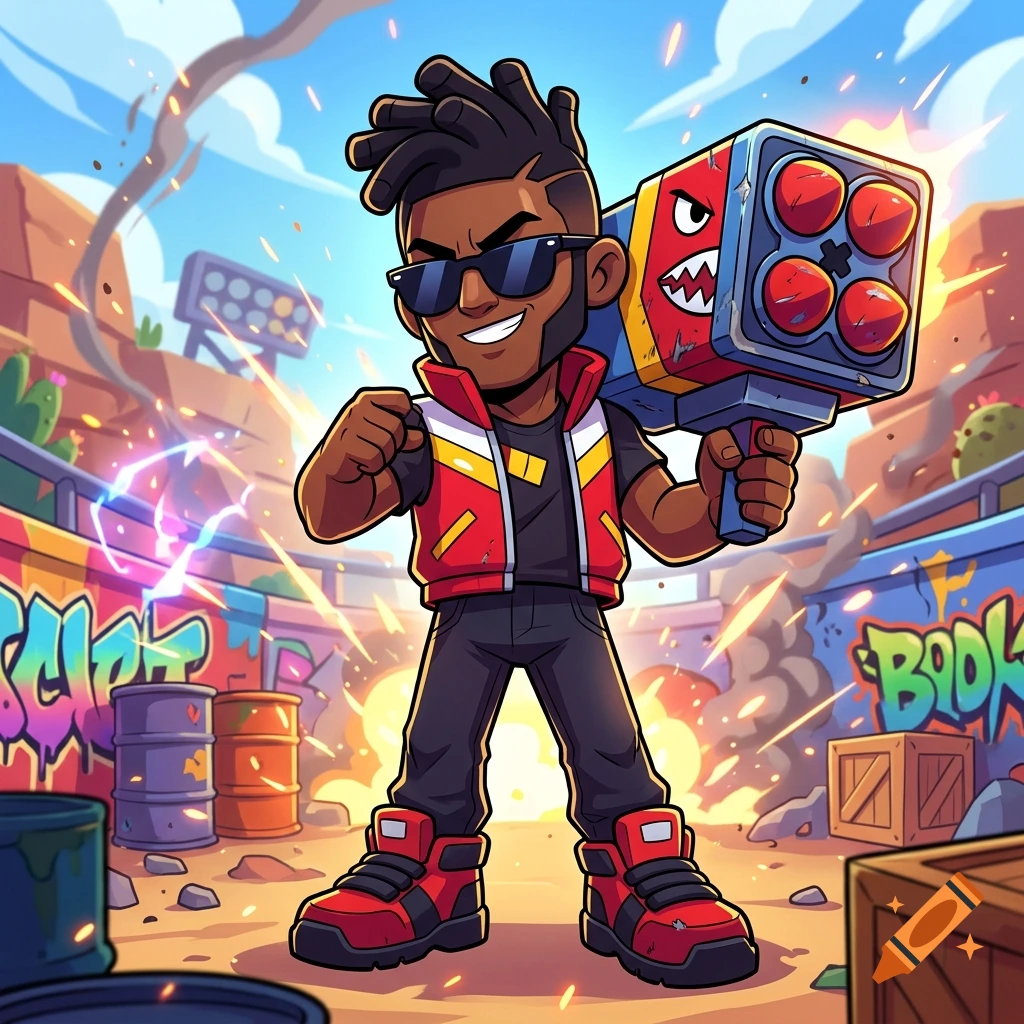 A stylized male character holding a large rocket launcher in an arena with graffiti and barrels.