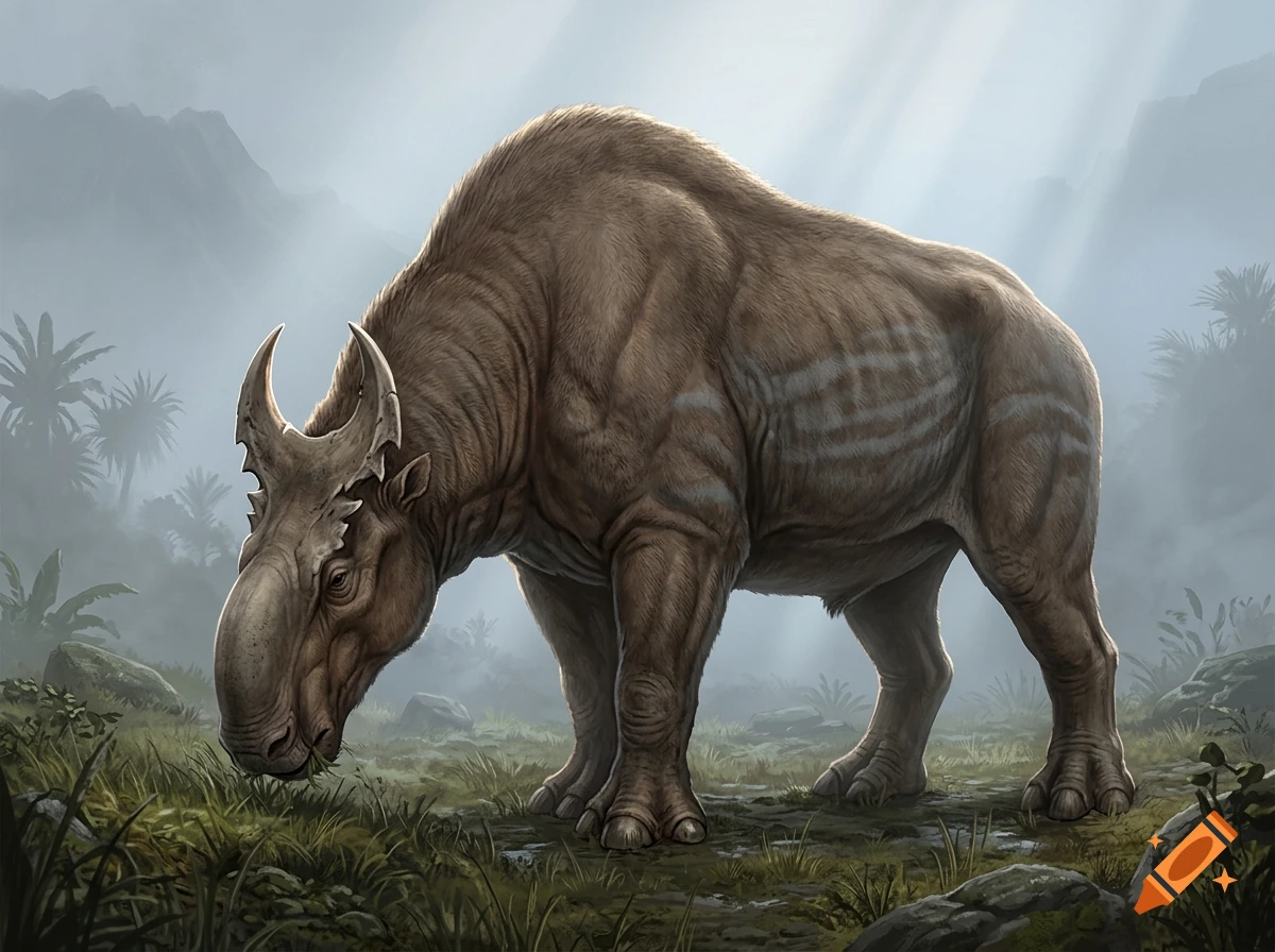 Digital illustration of a unique, massive herbivore animal with a horned crown, sloping body, and dense brown coat grazing in a misty valley.
