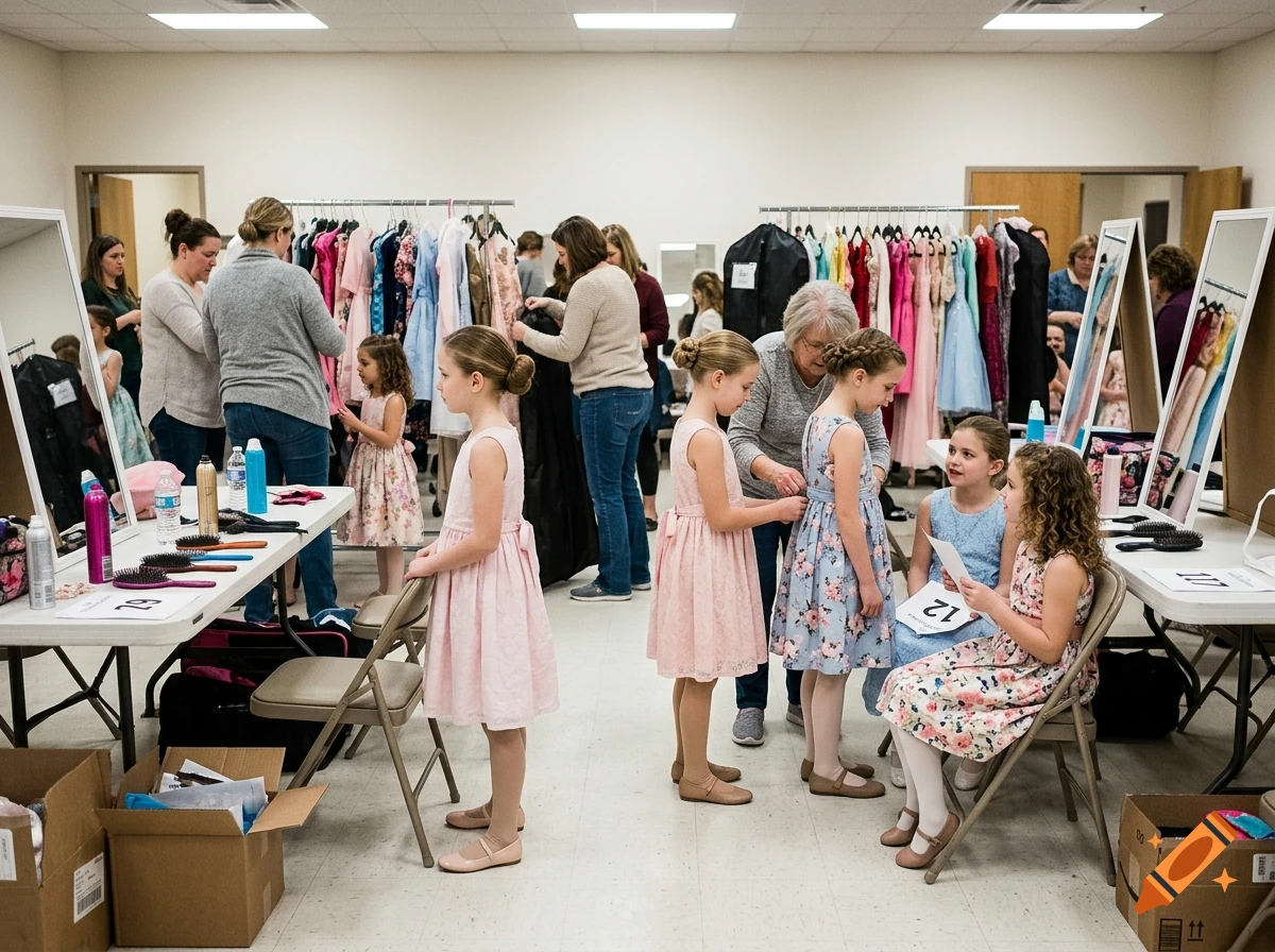 Young girls in dresses preparing in a dressing room with adults helping.