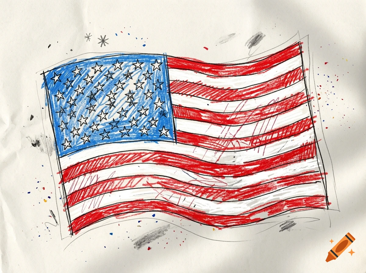 Scribble-style drawing of the American flag with colored pencils on paper