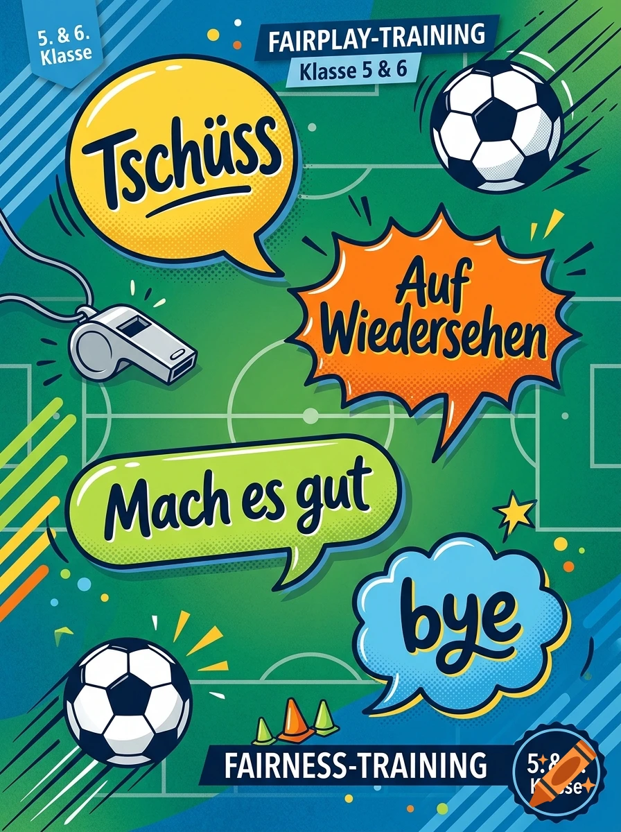 Comic-style poster for fair play training with speech bubbles, soccer balls, and a whistle on a green field background.