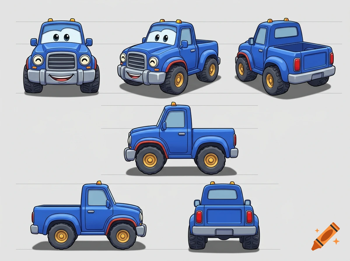 Multiple view angles of a friendly blue cartoon truck with big eyes and a smile in 90s style.