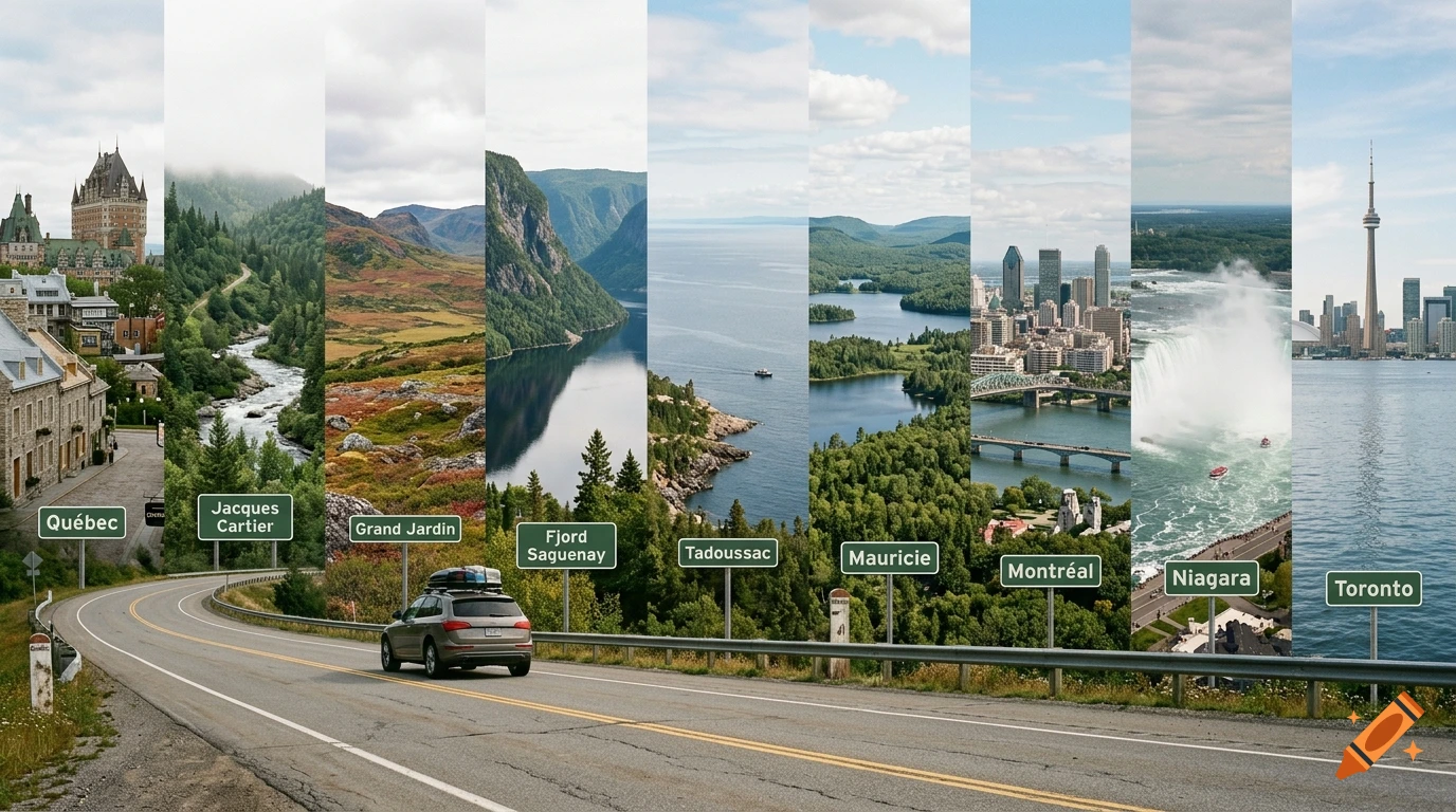 Photorealistic road trip collage across Canadian locations from Quebec to Toronto with road signs.