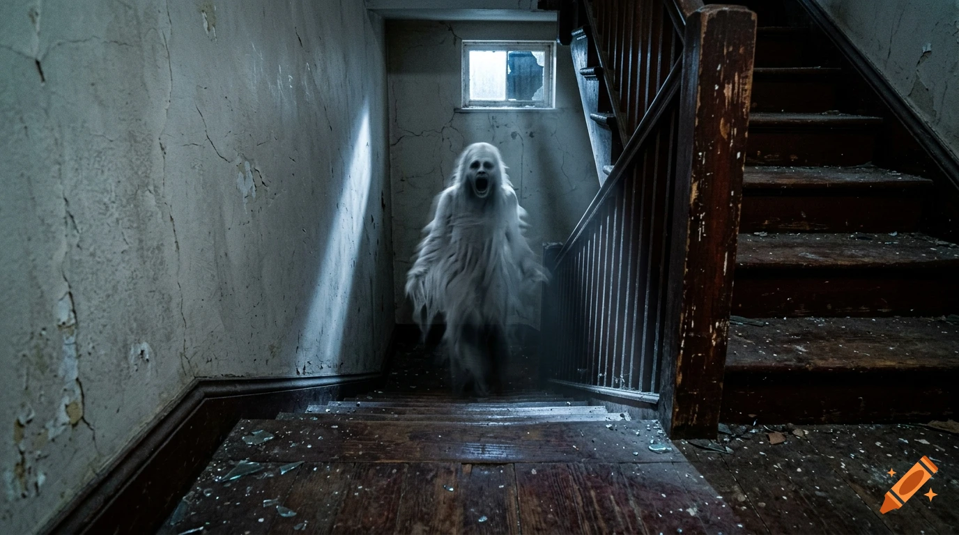 A ghostly figure with a pale face and long pale garments screaming in a decaying hallway between staircases.