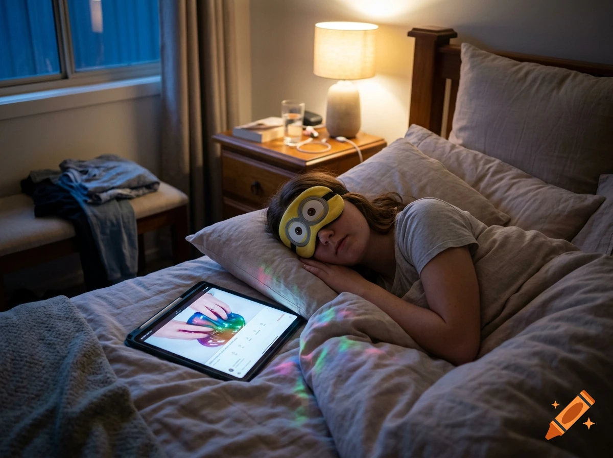 A person sleeping in bed wearing a minion eye mask while an iPad displays a video in a dimly lit bedroom.