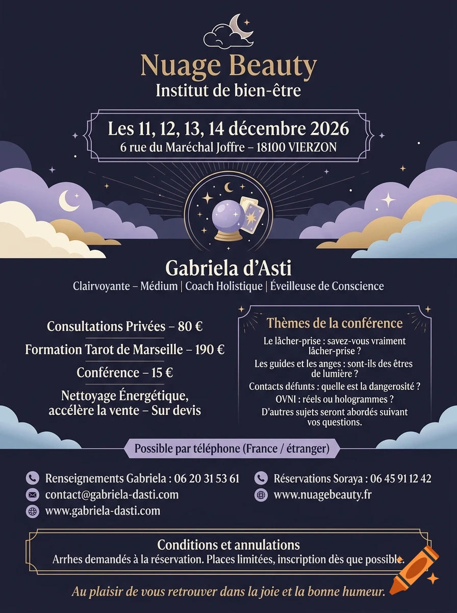 Flyer for Nuage Beauty wellness institute featuring mystical symbols, moon, clouds, and event details.