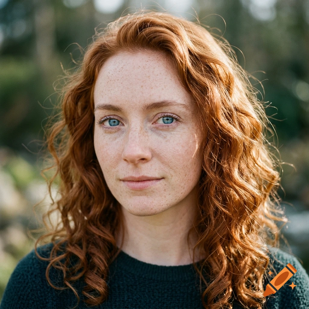 Close-up photorealistic portrait of a young woman with red curly hair, freckles, and bright blue eyes, wearing a dark green sweater.