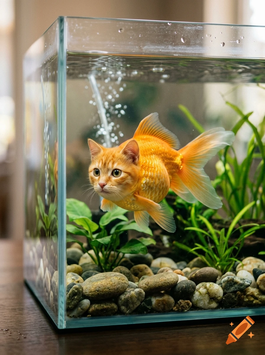 Photorealistic image of a goldfish with the head and face of an orange tabby cat, swimming in a glass aquarium with green plants and rocks.