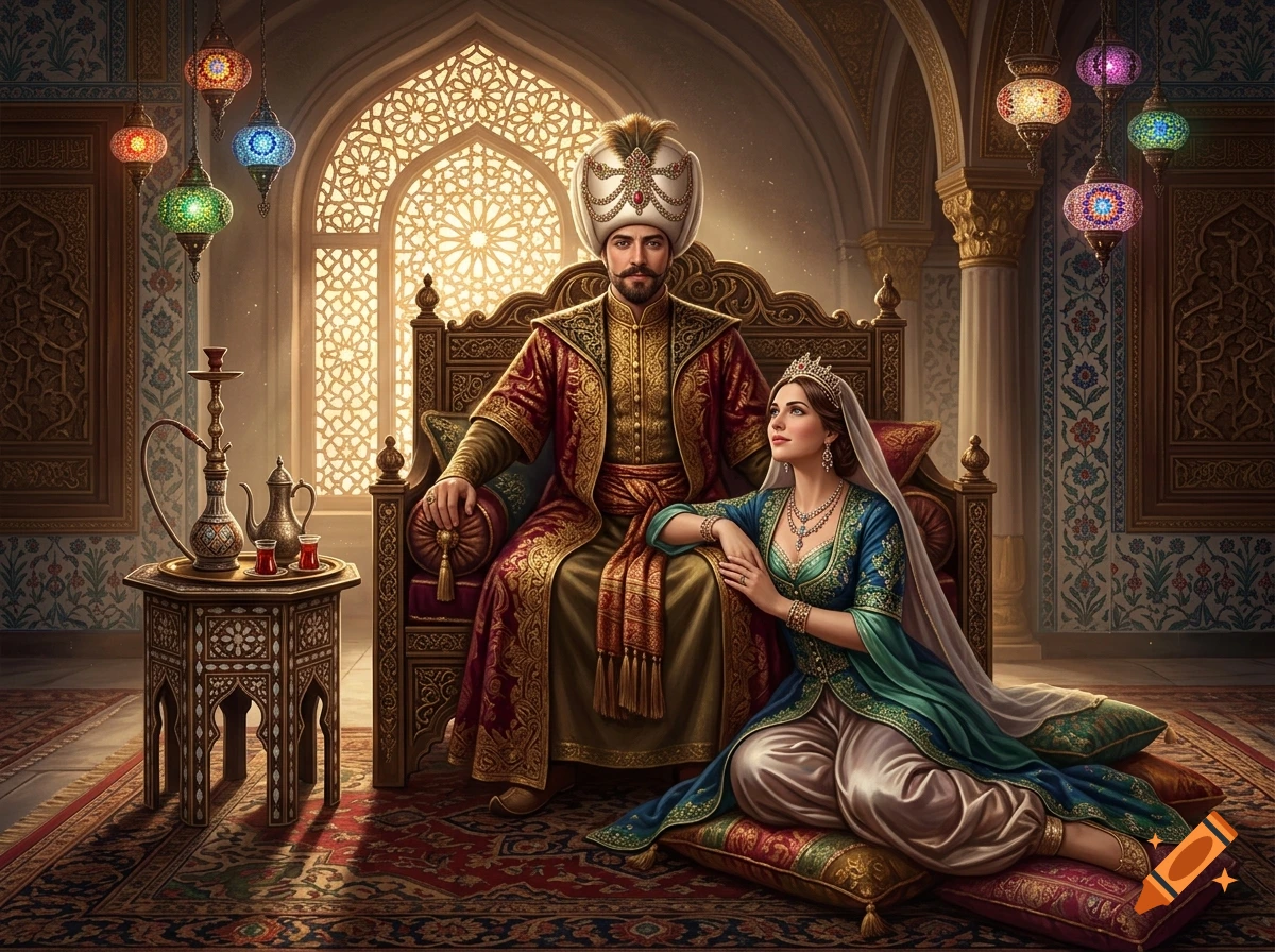 A 16th-century sultan sitting on a throne with the sultana sitting beside him on cushions in an ornate palace interior with hanging lamps.