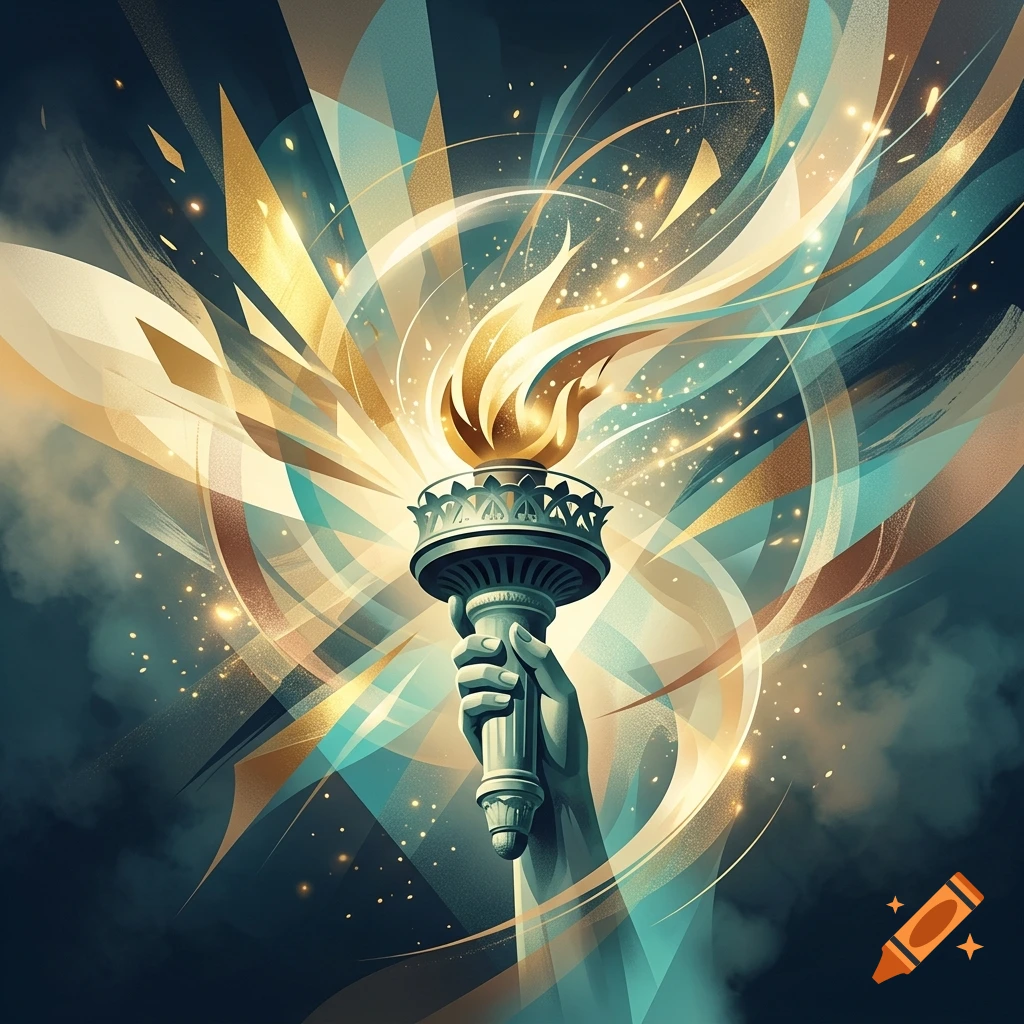 An abstract digital art piece depicting the glowing torch of the Statue of Liberty surrounded by dynamic turquoise and gold light trails.