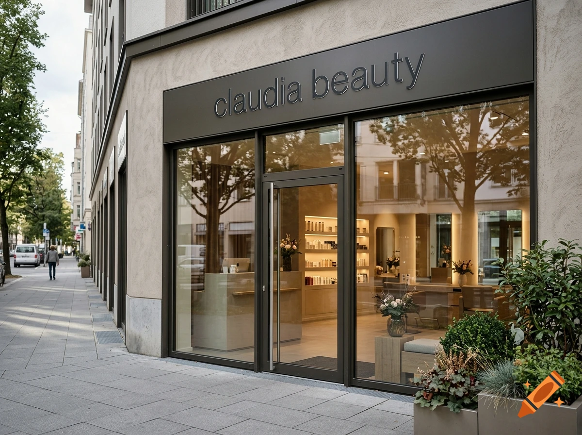 Photorealistic exterior view of a modern beauty salon storefront with 'claudia beauty' sign on a city street.