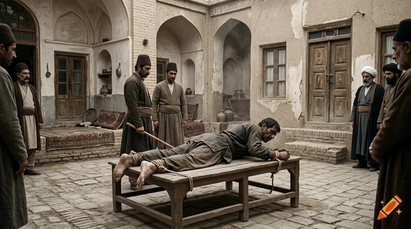 Cinematic photo of a man lying face down on a wooden punishment platform in a 19th-century Persian courtyard, surrounded by observers.