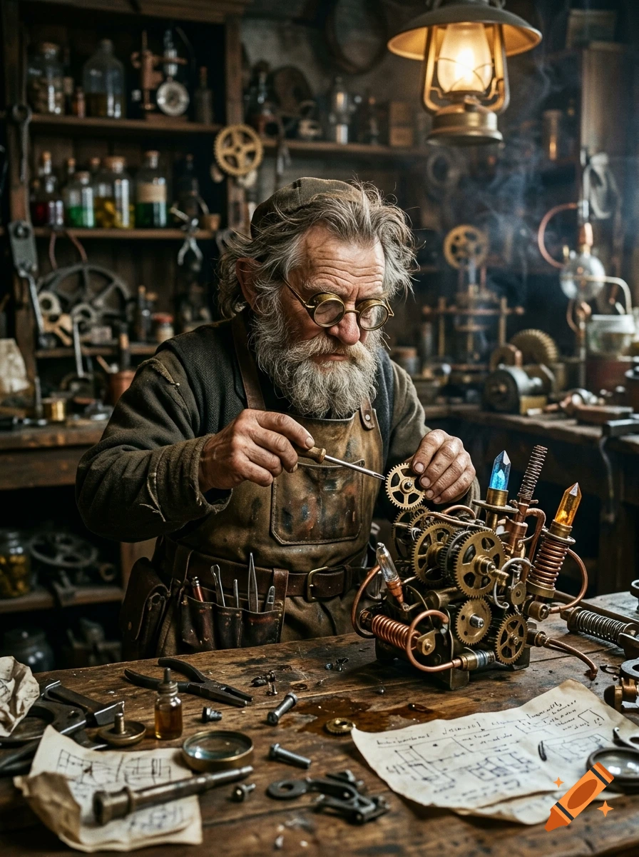 An elderly gnome artificer with glasses and a beard crafting a complex clockwork contraption in a cluttered workshop, photorealistic.