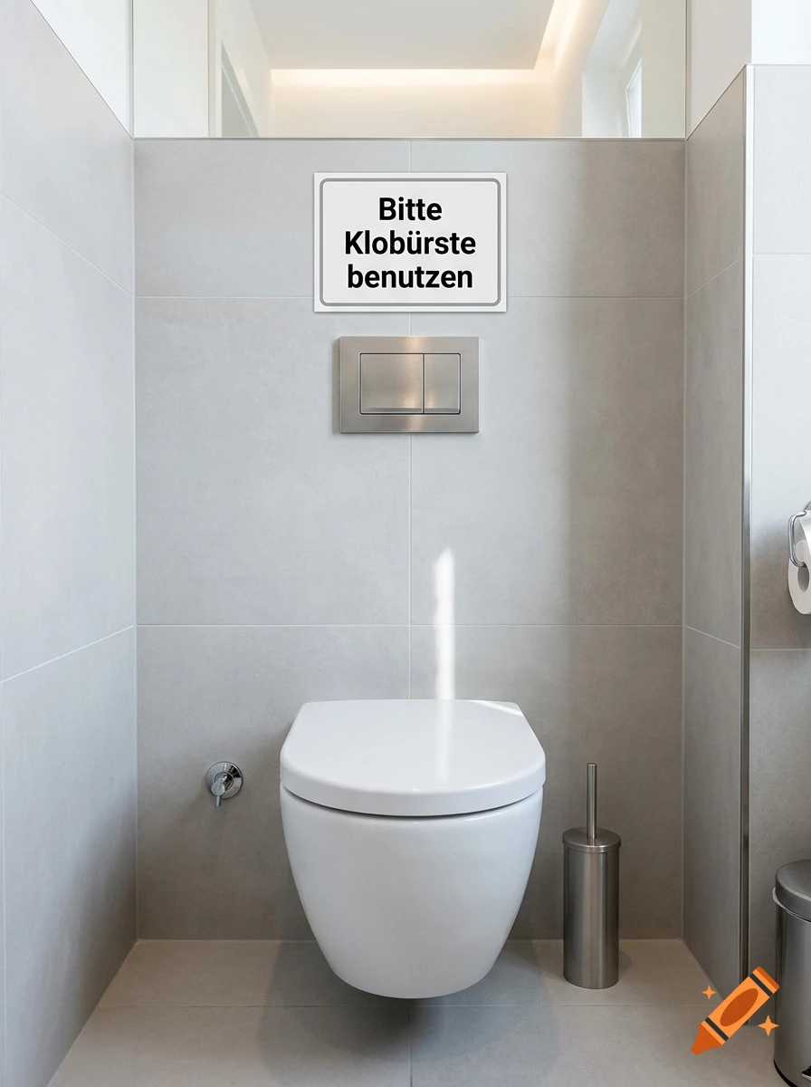 Modern white wall-mounted toilet in a gray tiled bathroom with a sign above reading Bitte Klobürste benutzen, photorealistic.