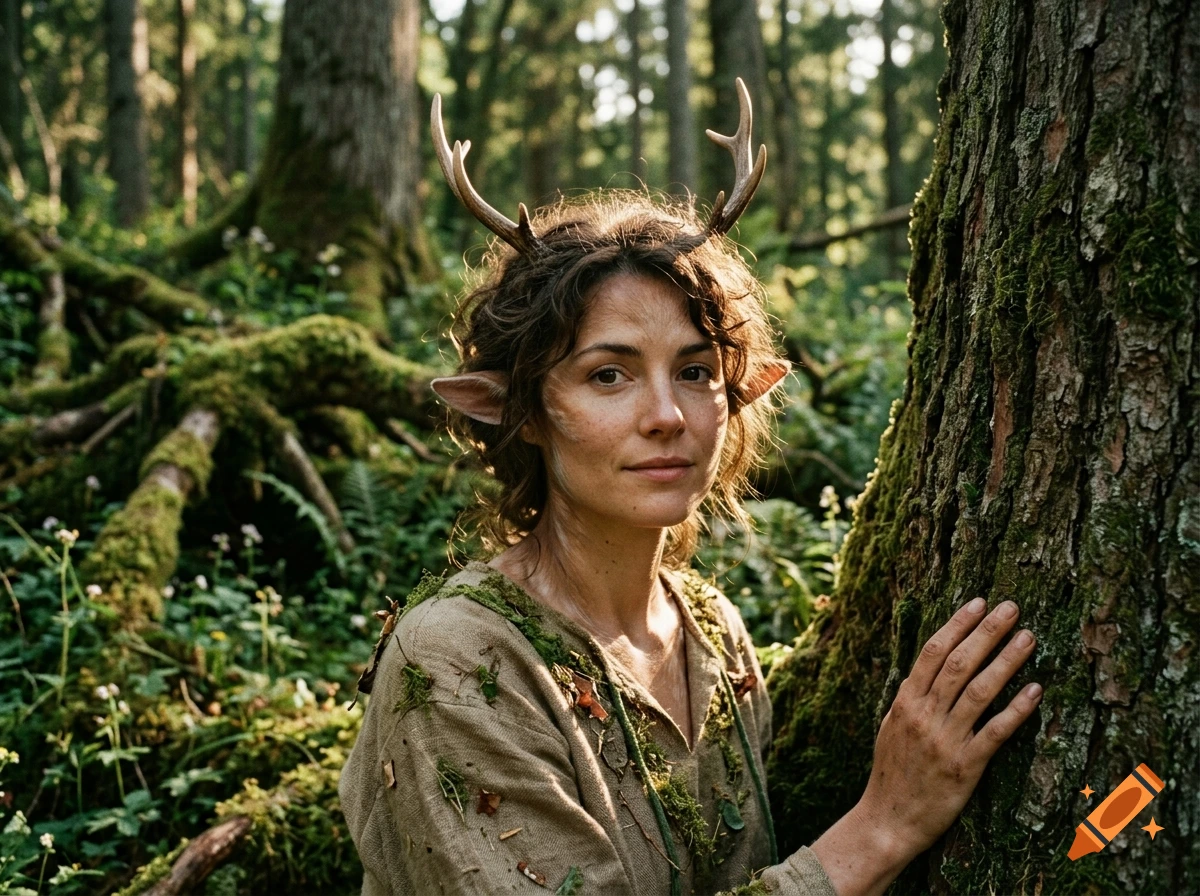 Photorealistic portrait of a young woman with deer antlers and elf ears standing in a mossy forest.
