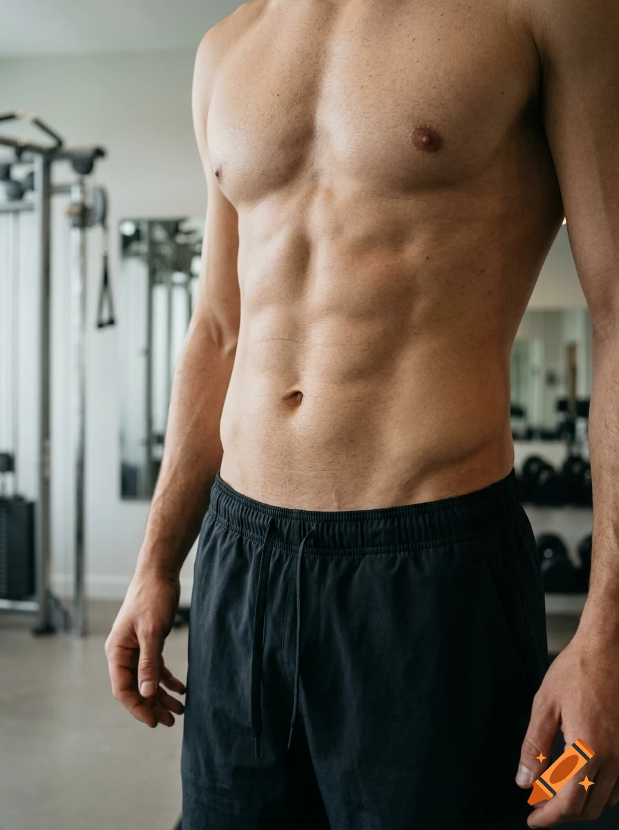Close-up of a shirtless man's muscular torso and abs in a gym setting, photorealistic.
