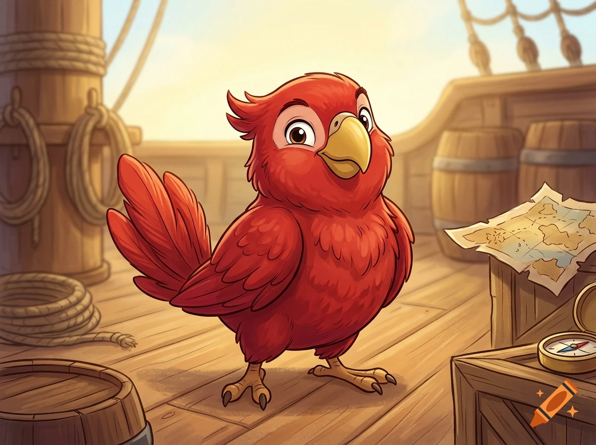 Digital illustration of a small, chunky red parrot with a yellow beak standing on a wooden ship deck.