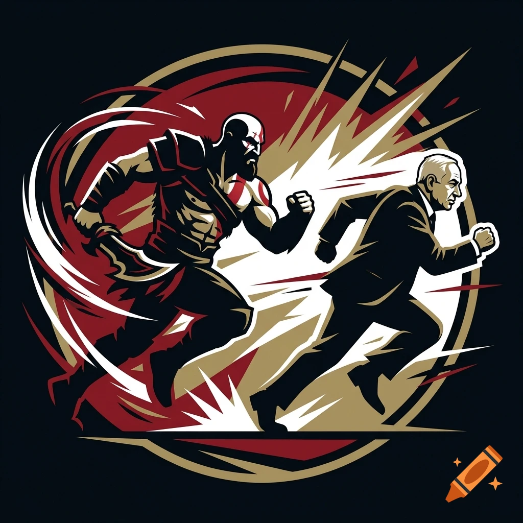 Stylized graphic illustration of Kratos running after a man in a business suit inside a dynamic red and gold circular emblem.