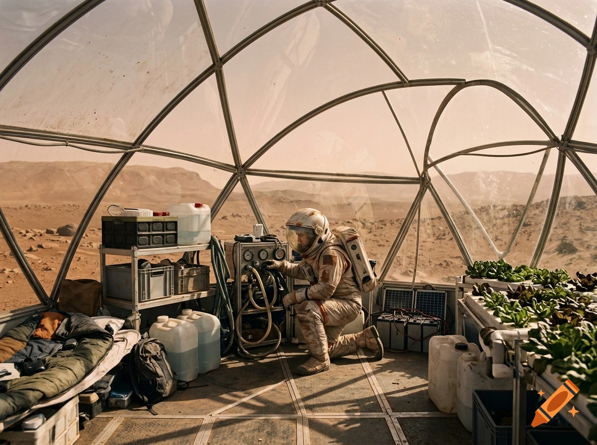 Photorealistic image of an astronaut inside a Martian dome habitat, checking equipment with a red landscape outside.