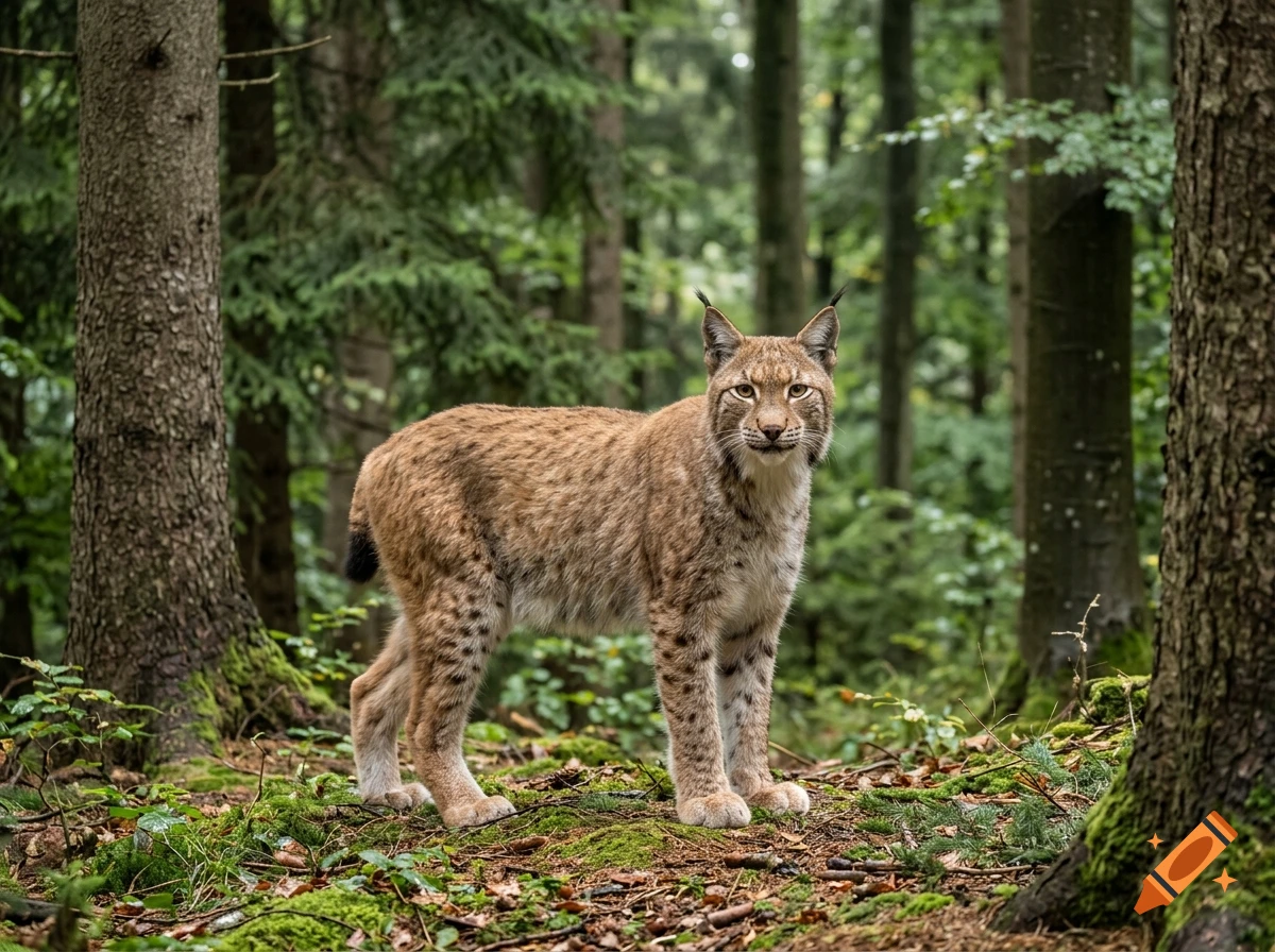 A lynx stands alert on the mossy forest floor among tall pine trees.