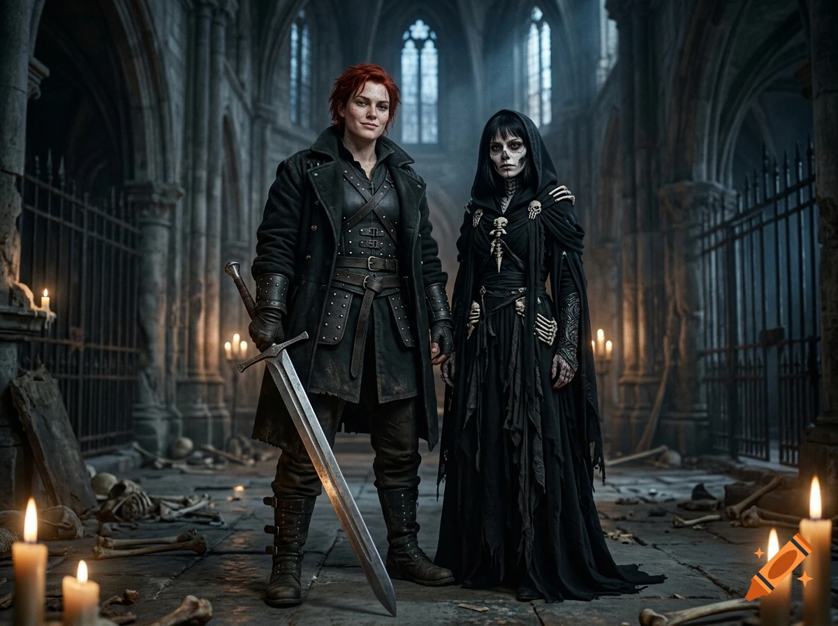 Photorealistic depiction of two warriors, one with red hair holding a large sword and one in a dark hooded cloak, standing in a gothic cathedral hall filled with bones and candles.