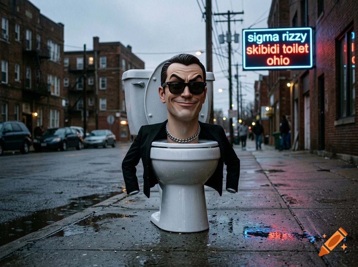 A man's head wearing sunglasses and a suit emerges from a toilet standing on a wet urban street with a neon sign.