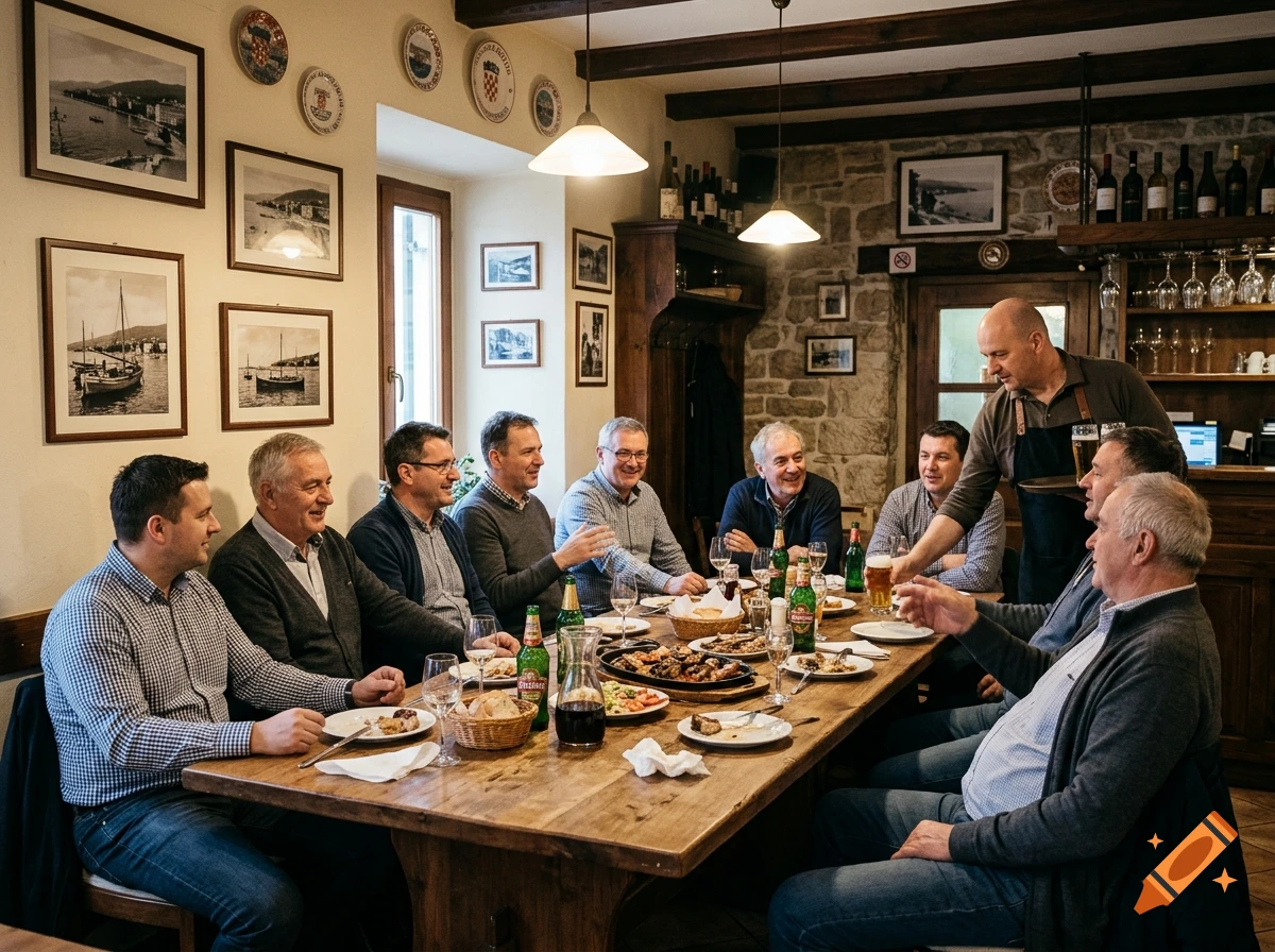 Photorealistic scene of a group of men sitting around a wooden table in a traditional restaurant with a bald waiter serving beer.