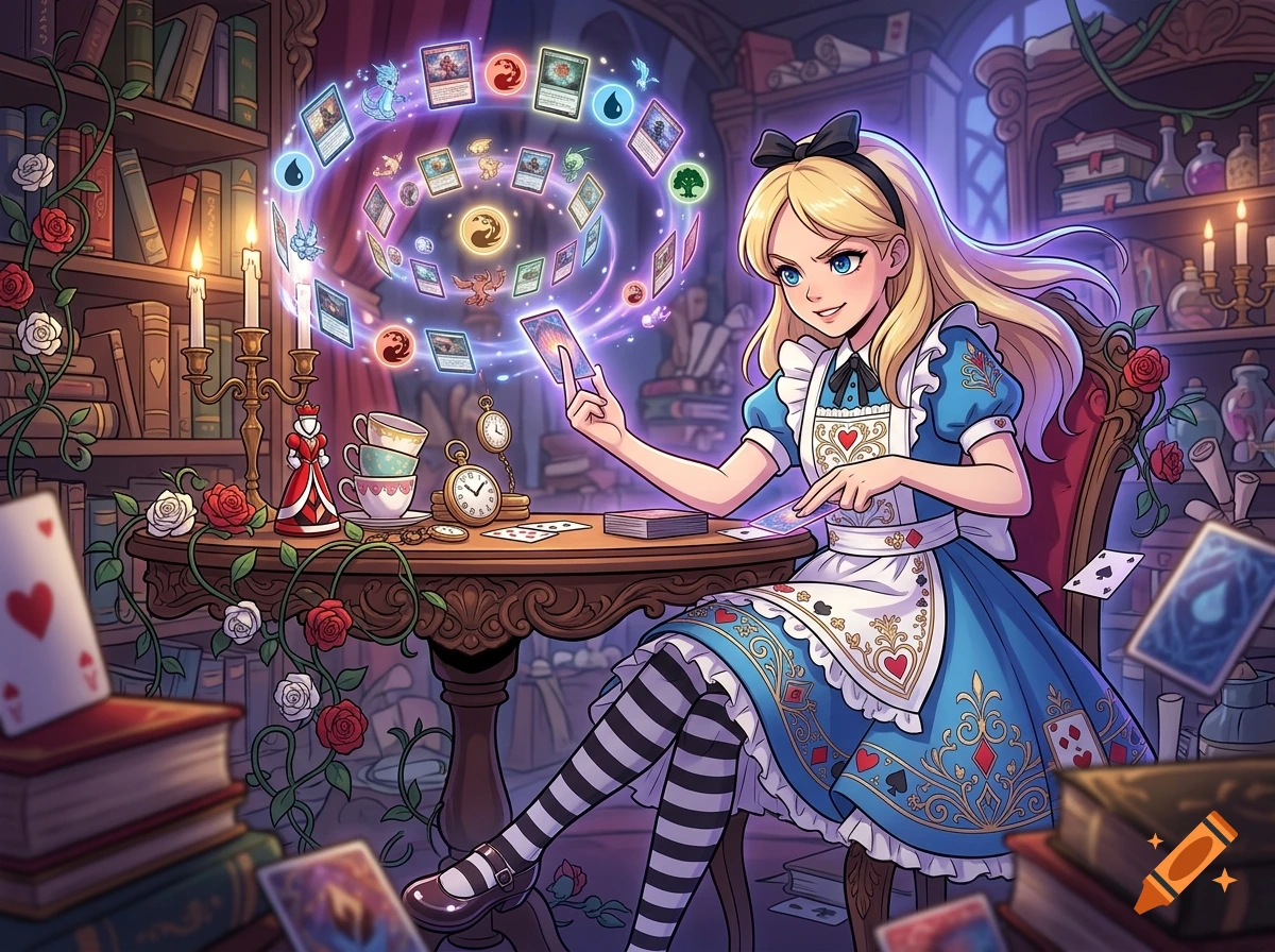 Anime style illustration of Alice from Wonderland playing card games in a magical library with floating cards.