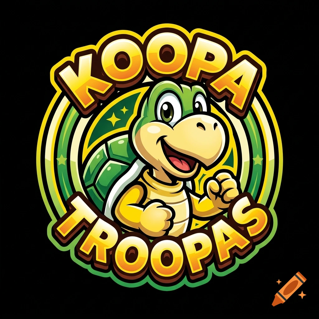 Cartoon logo of a smiling green and yellow turtle with text that reads Koopa Troopas against a black background.