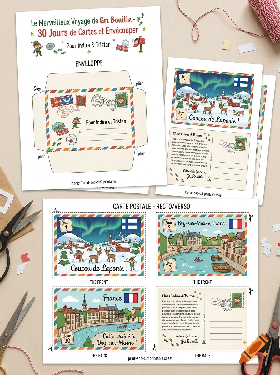 Printable sheet of Christmas postcards and envelopes featuring Lapland and France themes with illustrated letters and stamps.