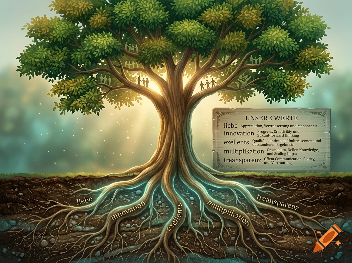 Digital illustration of a large tree with visible roots underground and a sign explaining core values, in a fantasy style.