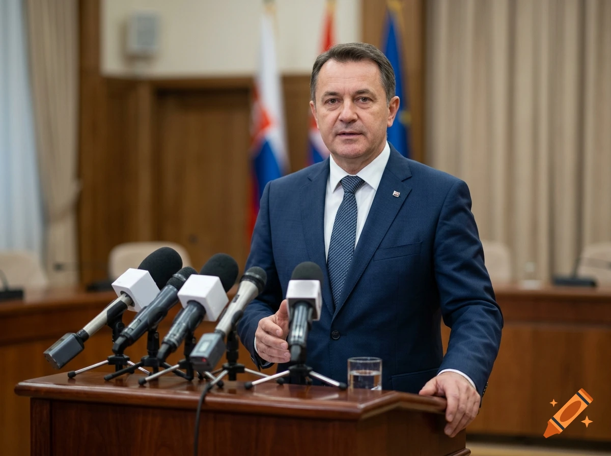 Photorealistic medium shot of a politician speaking at a podium with microphones in front of flags.