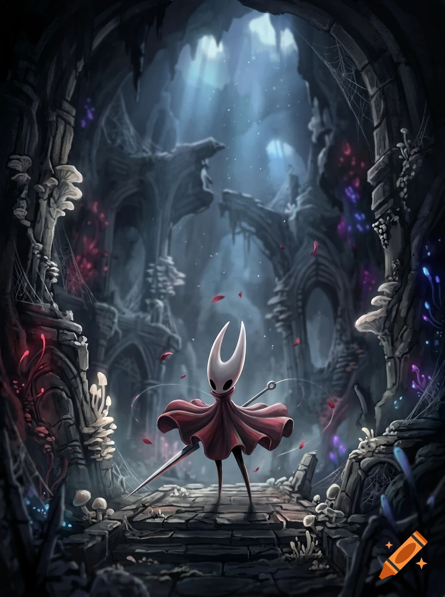 Digital illustration of Hornet from Hollow Knight wielding a needle in a dark, atmospheric cavern.