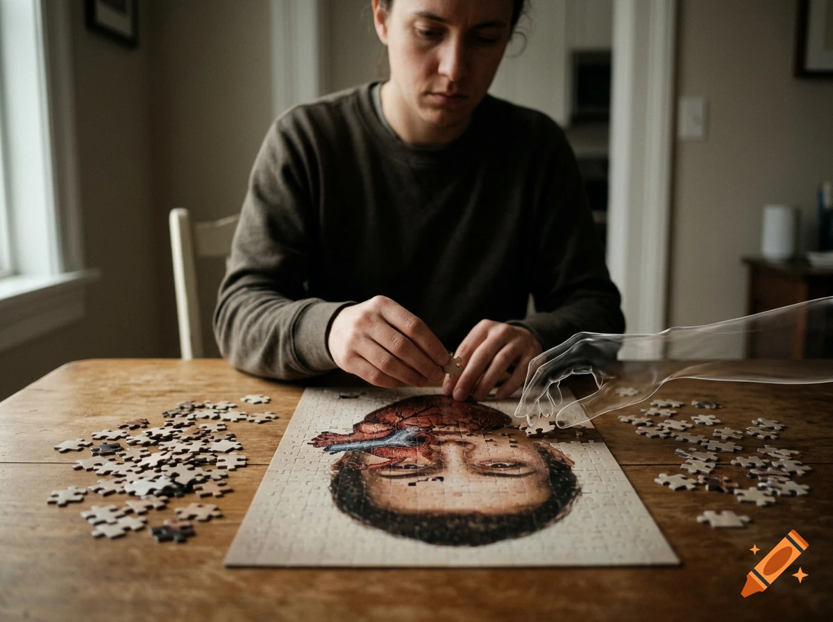 A person sitting at a wooden table assembling a jigsaw puzzle of their face and heart, with a transparent glass hand helping.